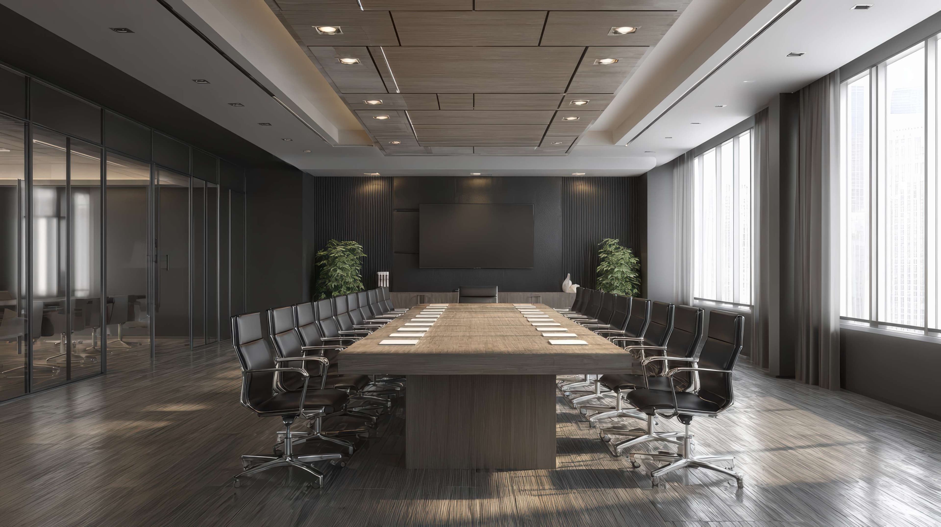 Modern boardroom with a long conference table and leather chairs